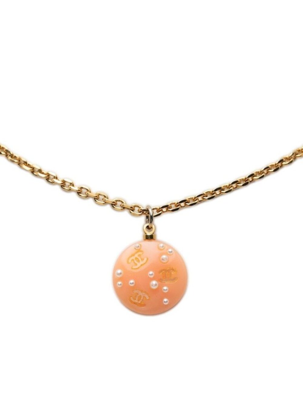 Chanel CC Logo Chain Necklace Orange Gold Plastic Faux Pearl Plated